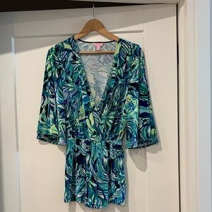 Lilly Pulitzer romper - gorgeous Blue and Green pattern - velour-like new XXS